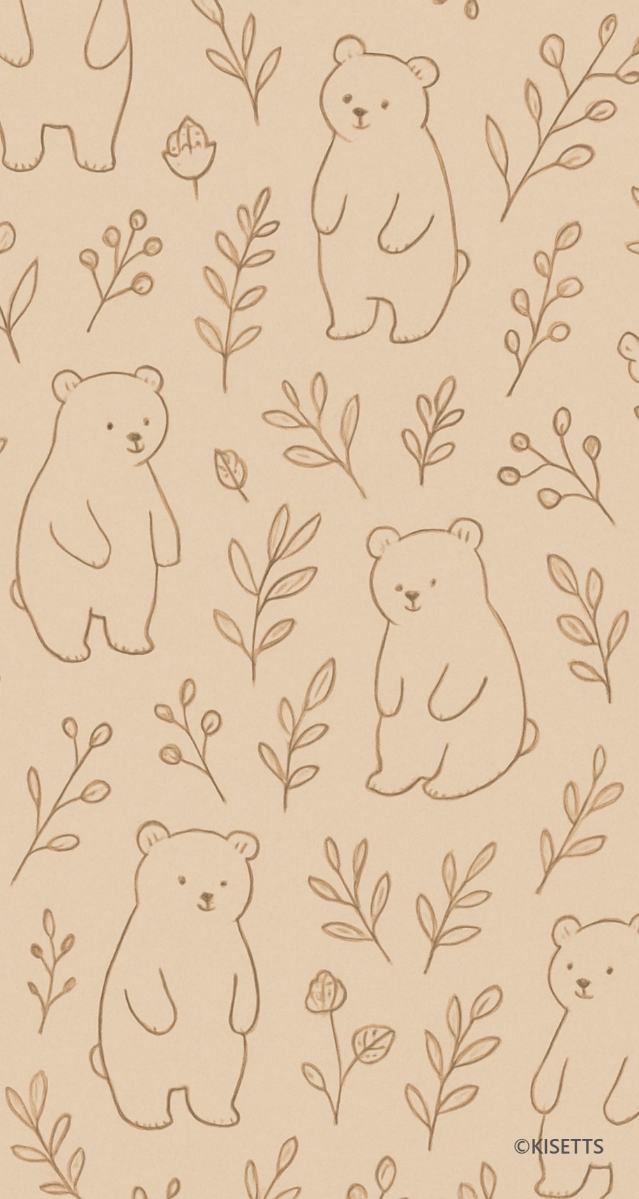 ベージュのクマとリーフ柄 スマホ壁紙・待ち受け画像