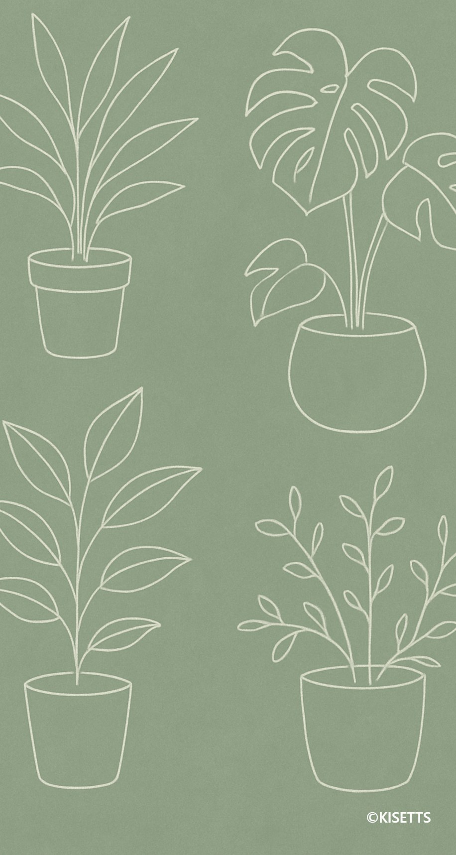 くすみグリーンの観葉植物の線画 スマホ壁紙